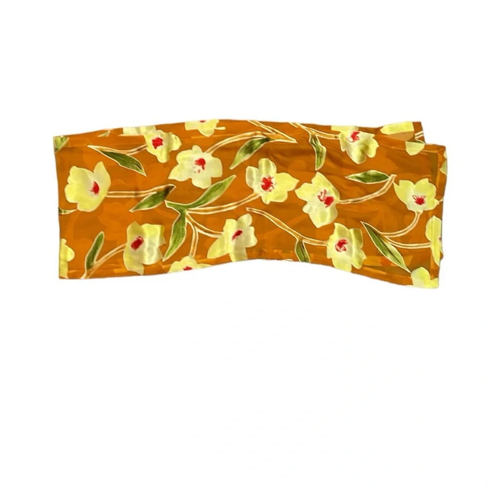 Vintage silk floral orange red green copper scarf. 60 x 11.5 in. Made in Italy